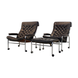 Pair of Noboru Nakamura ‘bore’ leather lounge chairs with footstool, 1970s