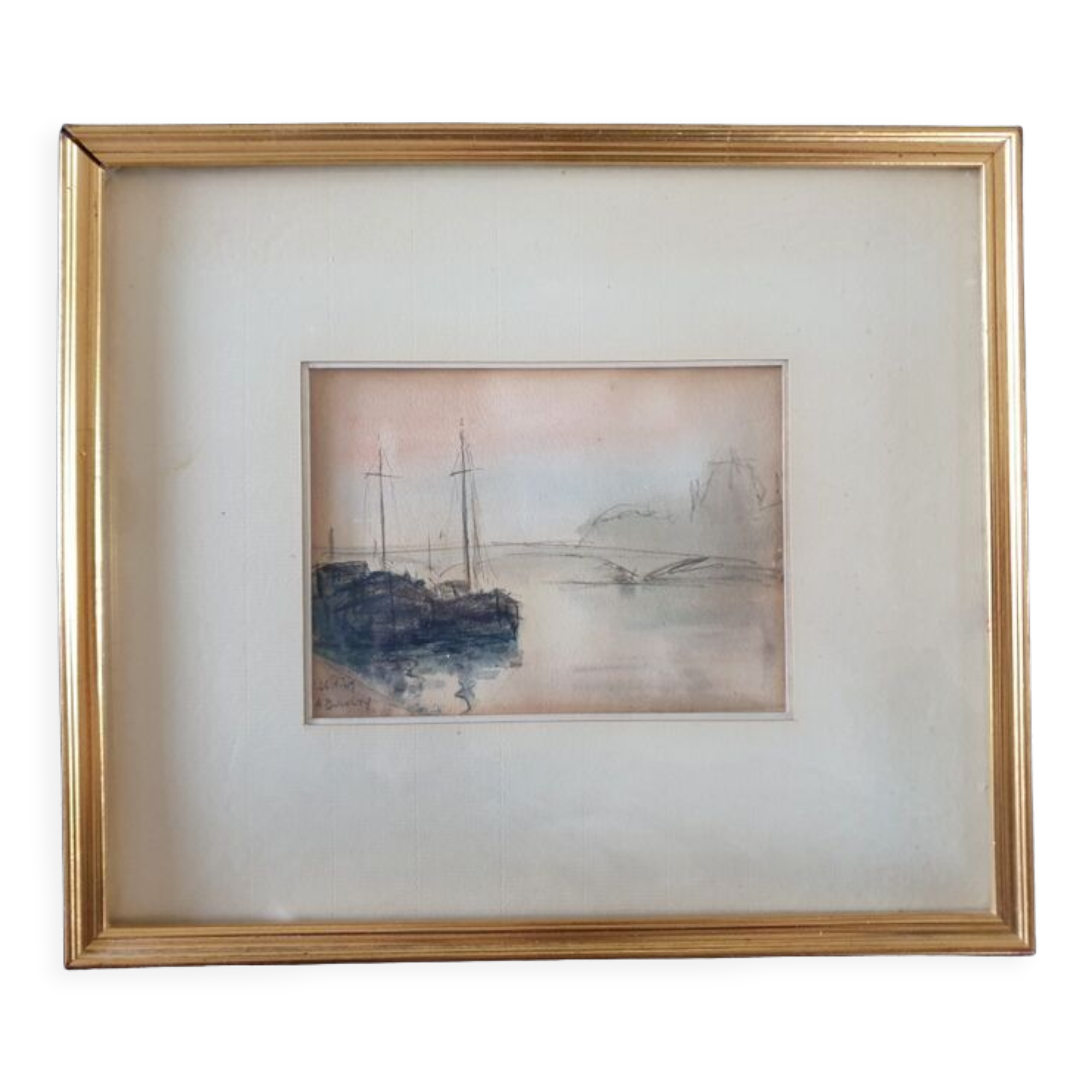 André Duculty (1912-1990) Charcoal and watercolor on paper "Evening mist on the Seine" Signed below