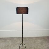 1950s tripod floor lamp, brass and black metal