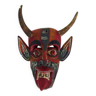 Mexican folk art carved wooden devil mask with horn
