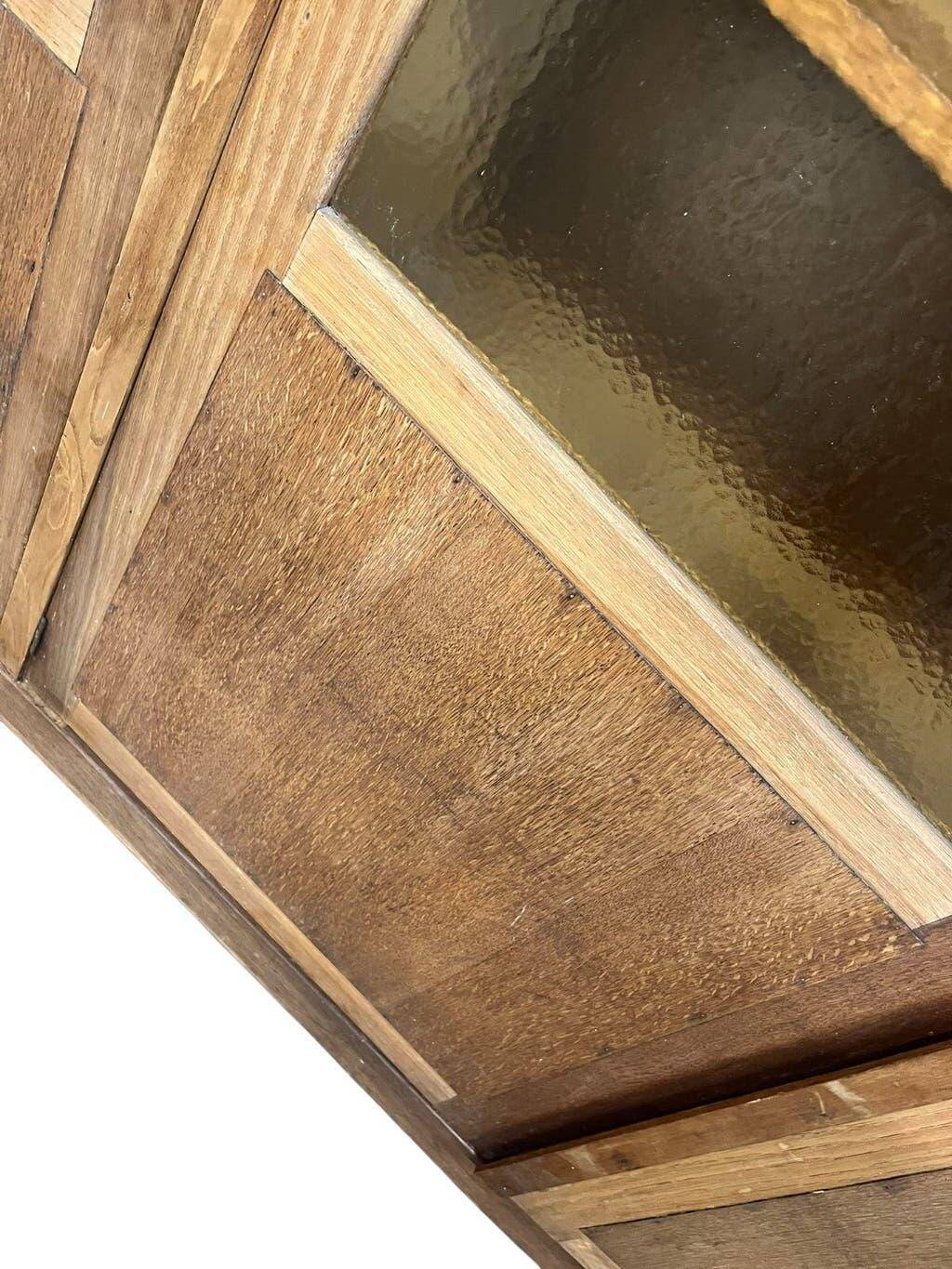 Vintage wooden display cabinet / wall cabinet with embossed yellow glass