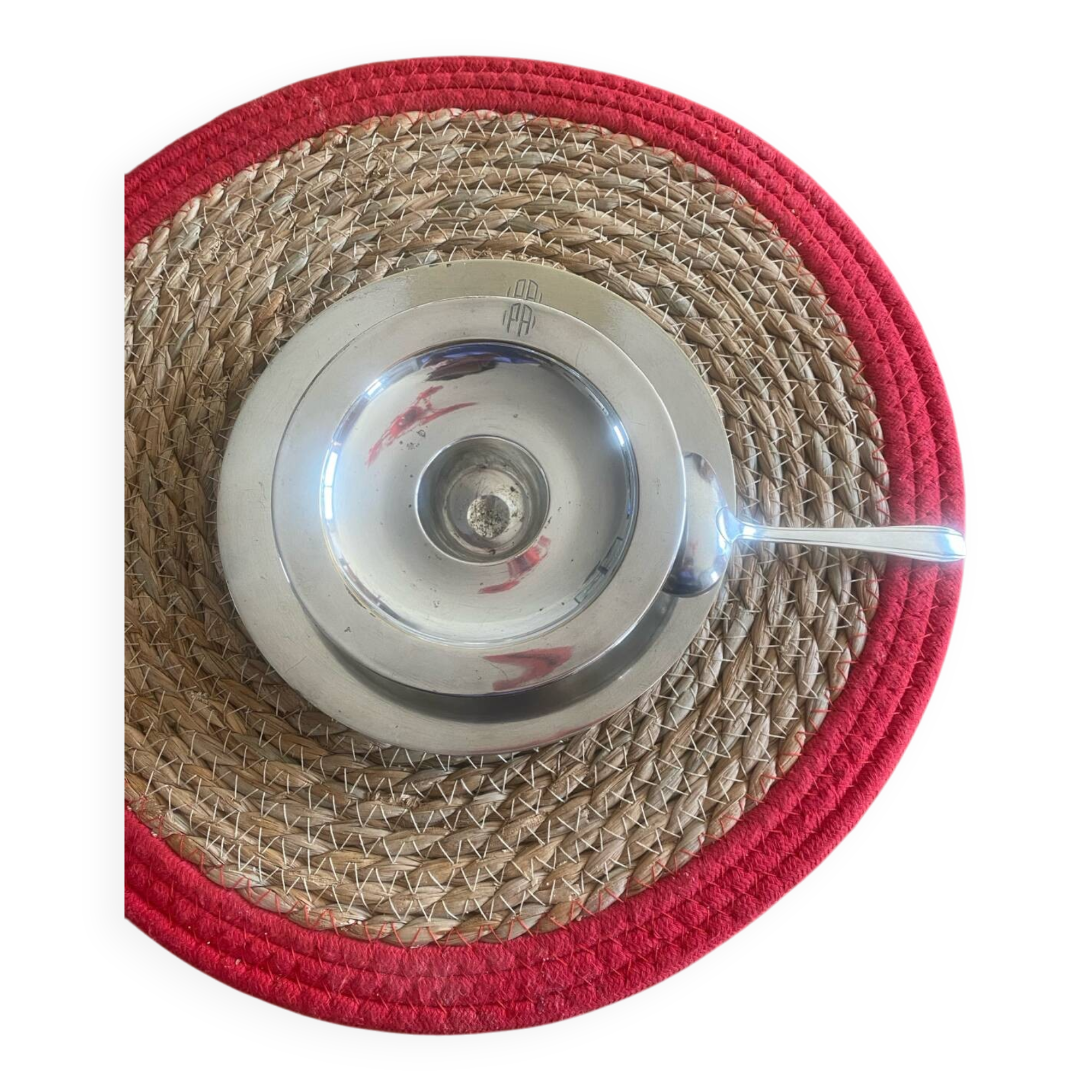 Egg cup, plate, silver-plated spoon