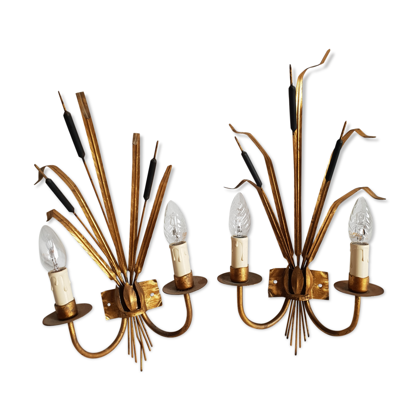 Pair of gilded metal reed wall lamps