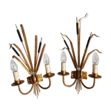 Pair of gilded metal reed wall lamps