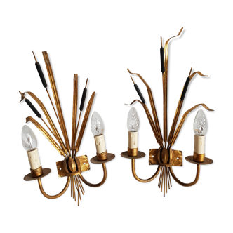 Pair of gilded metal reed wall lamps