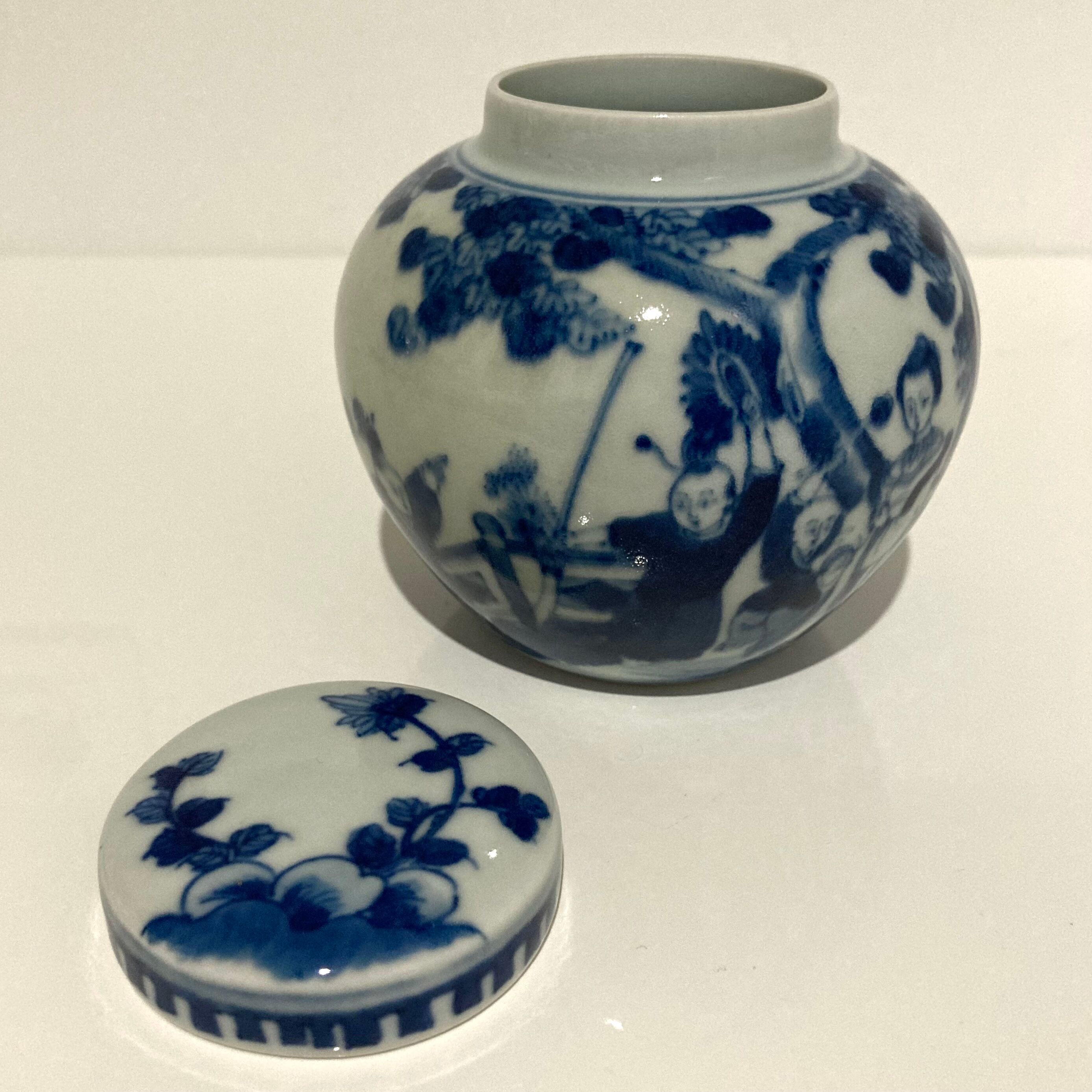 Chinese covered jar in blue white porcelain