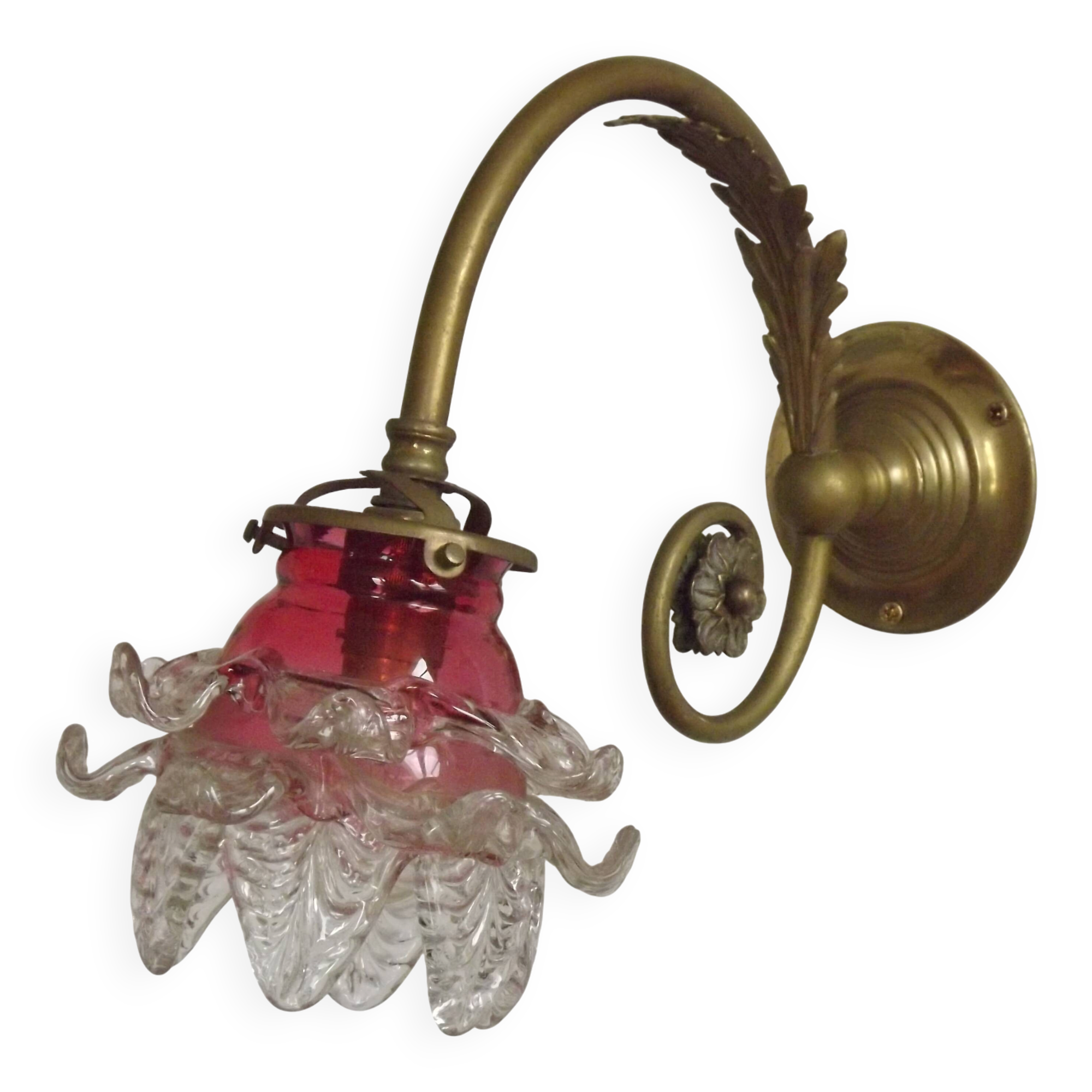French Brass Single Wall Light with Pink & Clear Floral Glass Shade