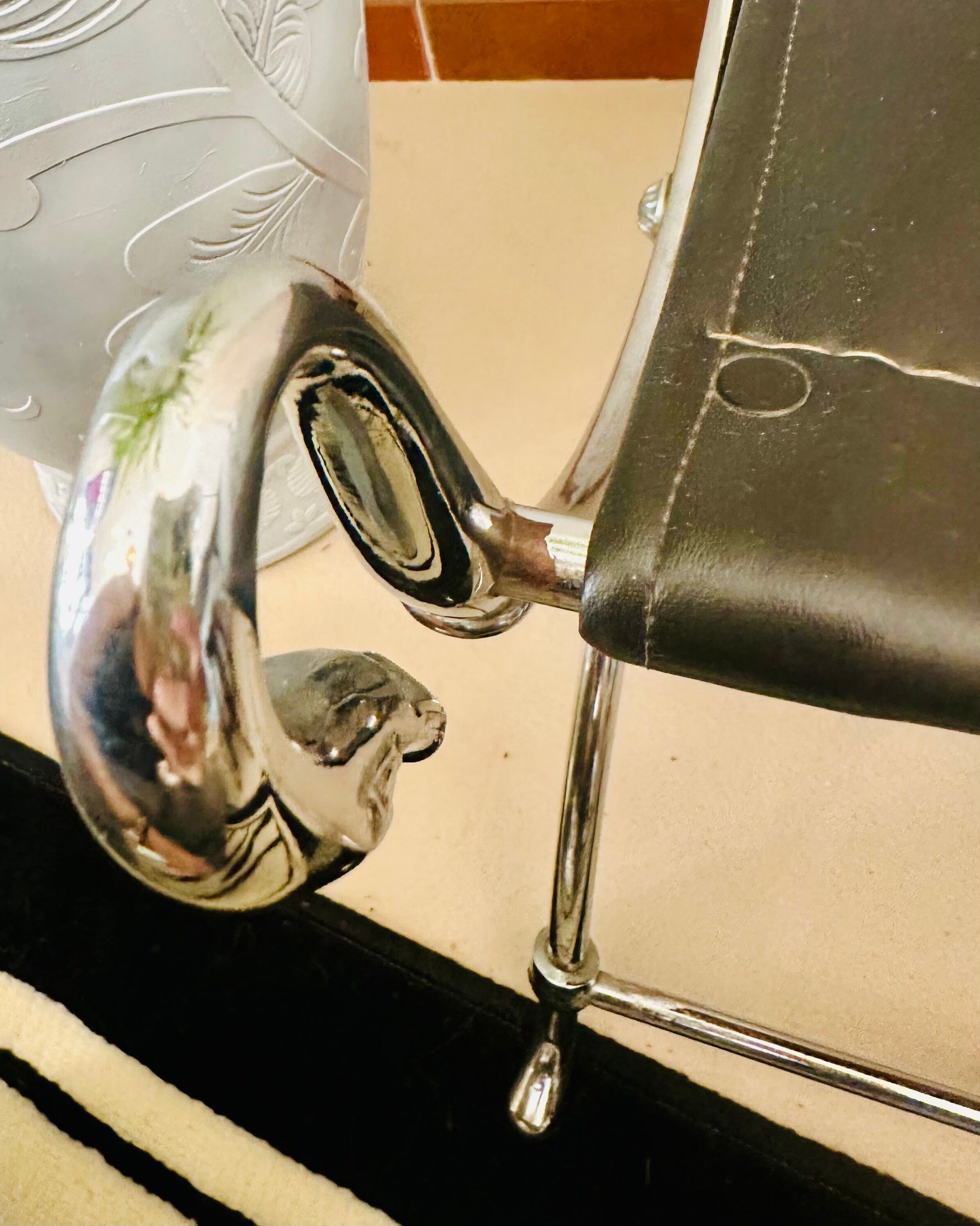 Curule Stool Maison Jansen in Chrome Steel and Black Leather
