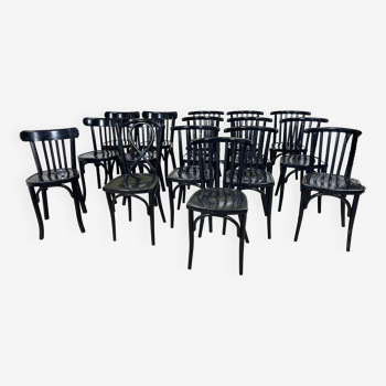 Set of 16 Baumann/Luterma black varnished wood bistro chairs from the 40s/50s France