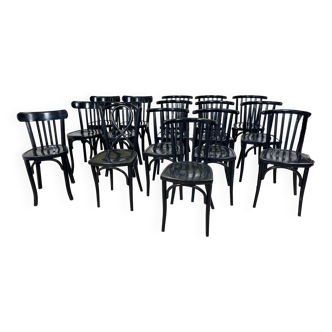 Set of 16 Baumann/Luterma black varnished wood bistro chairs from the 40s/50s France