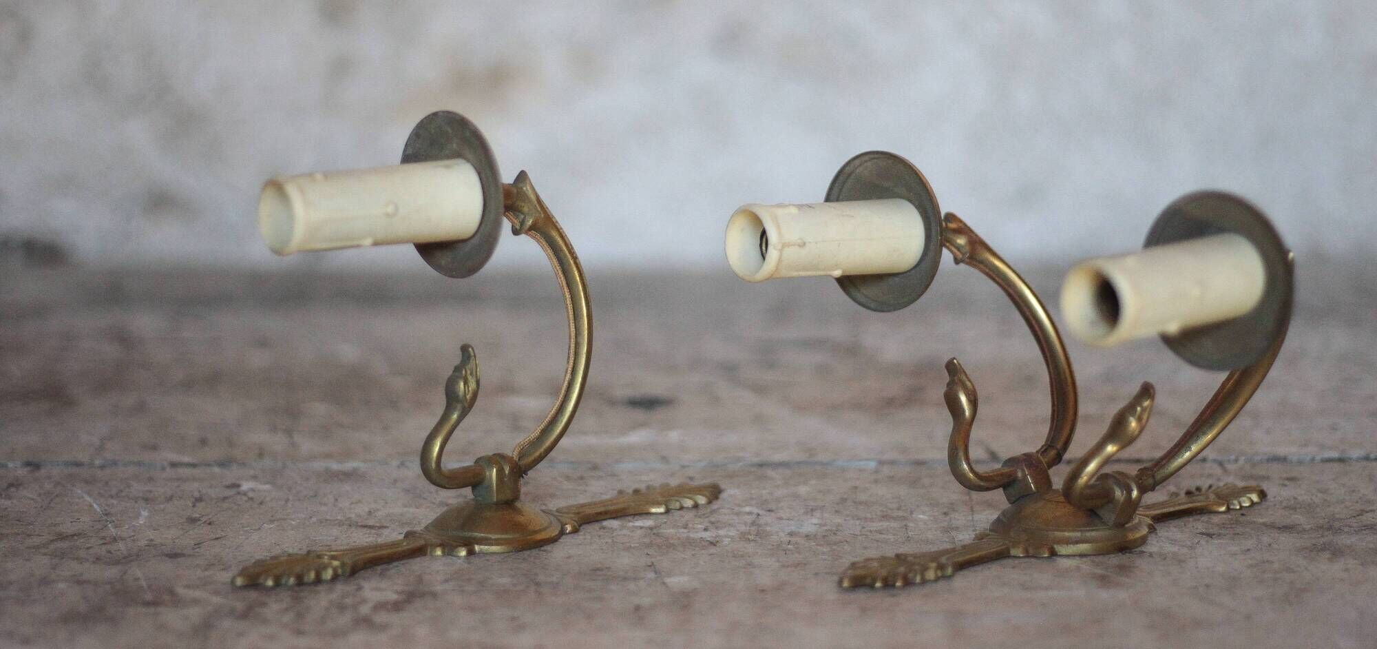 Pair of Empire style bronze wall lights, bronze wall light with palmette and swan neck.