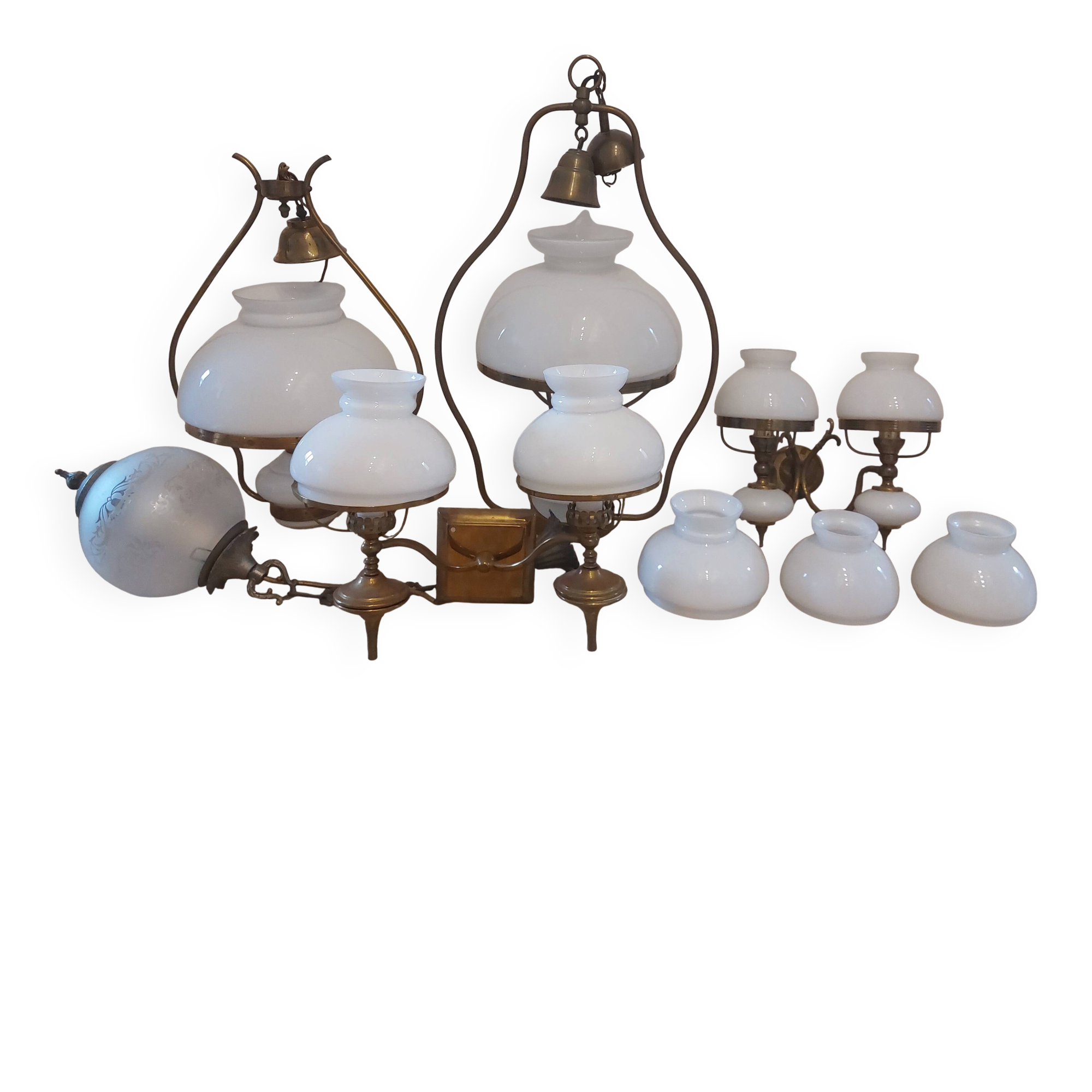 Lots of 1950s copper/ brass suspensions and wall lights with shades.