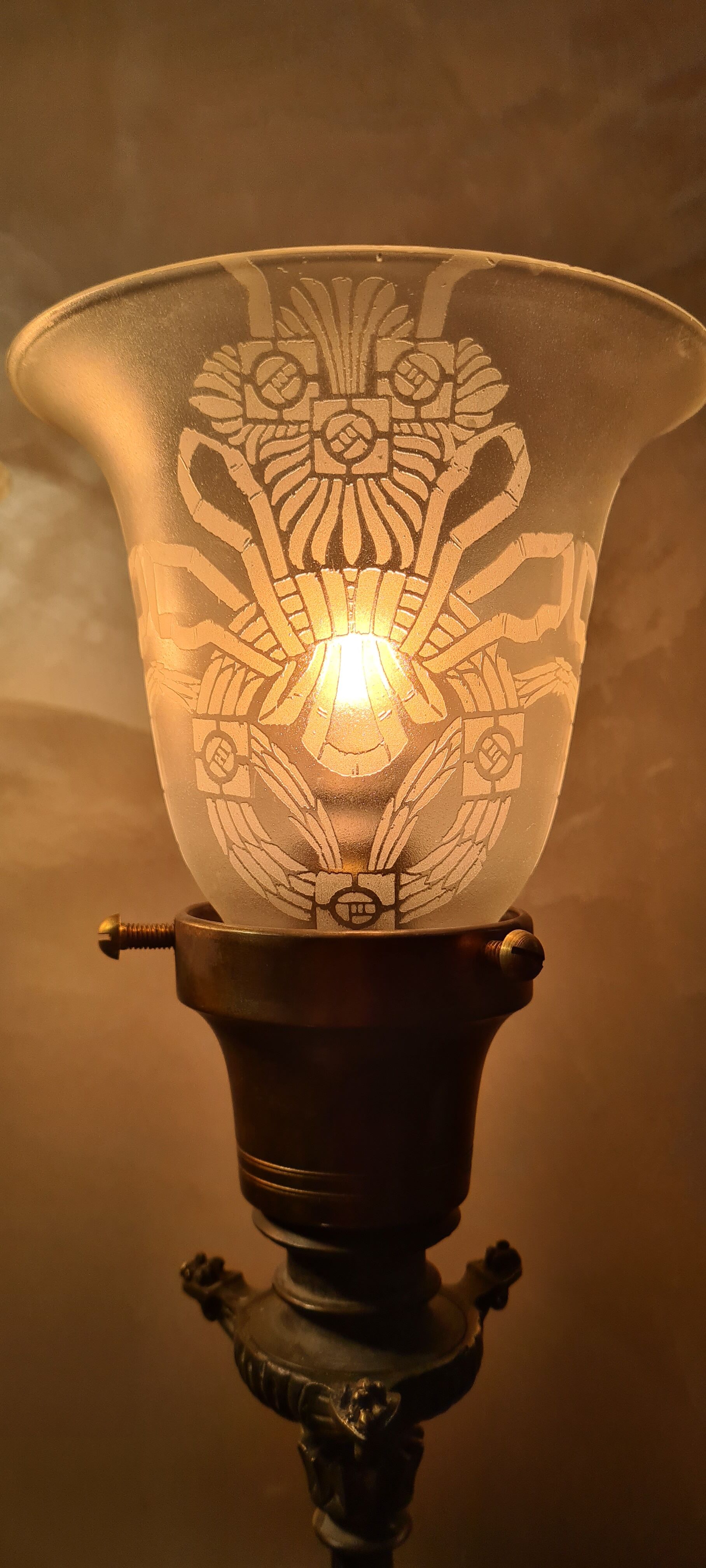 2 tripod lamps empire napoleon 1890 acid-etched tulips in unsigned bacara 46x15