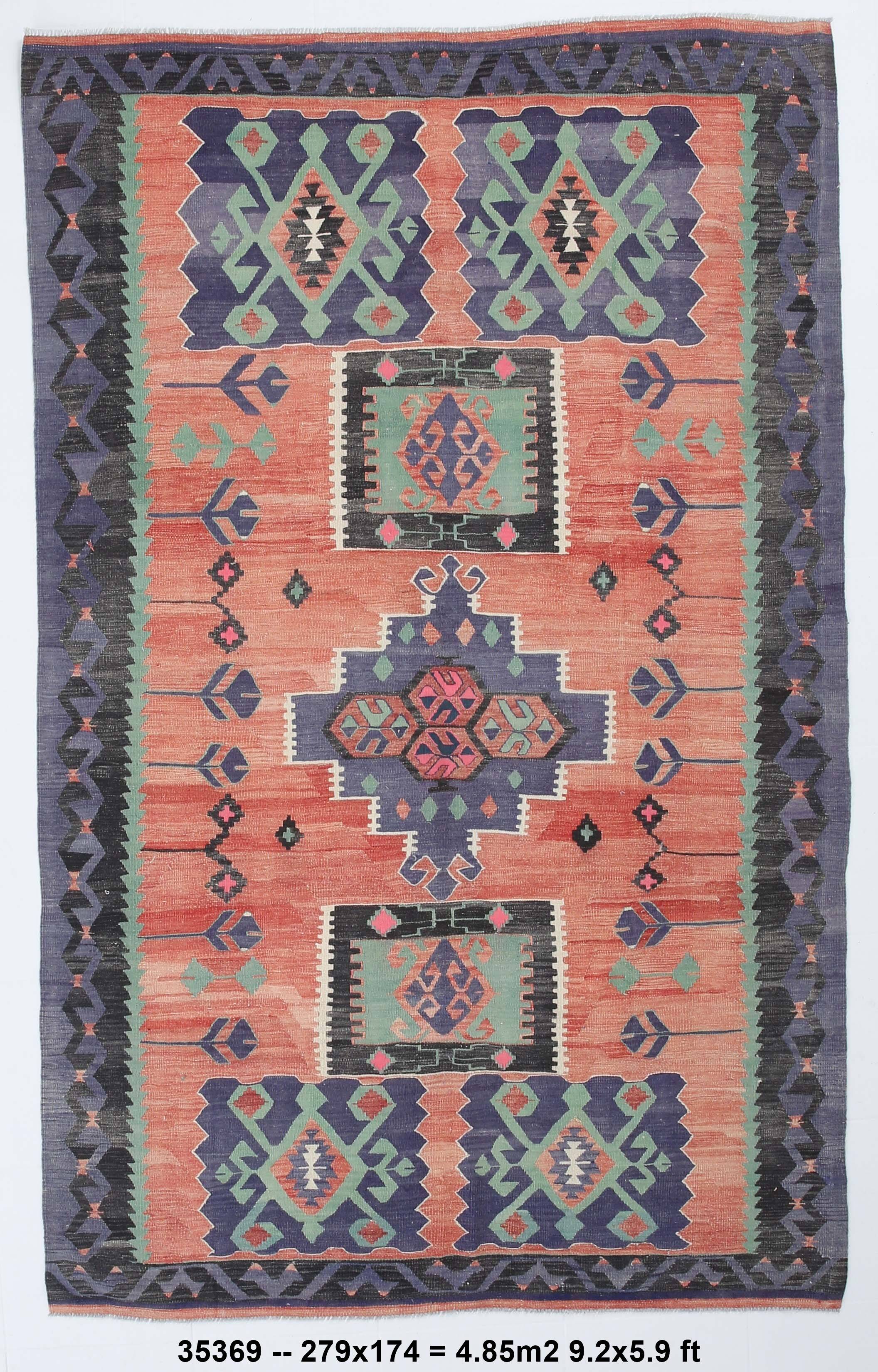 6x9 Red & Green Vintage Kilim Rug, 174x279Cm
