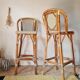 Pair of vintage Gatti bar stools in two-tone rattan and caning.