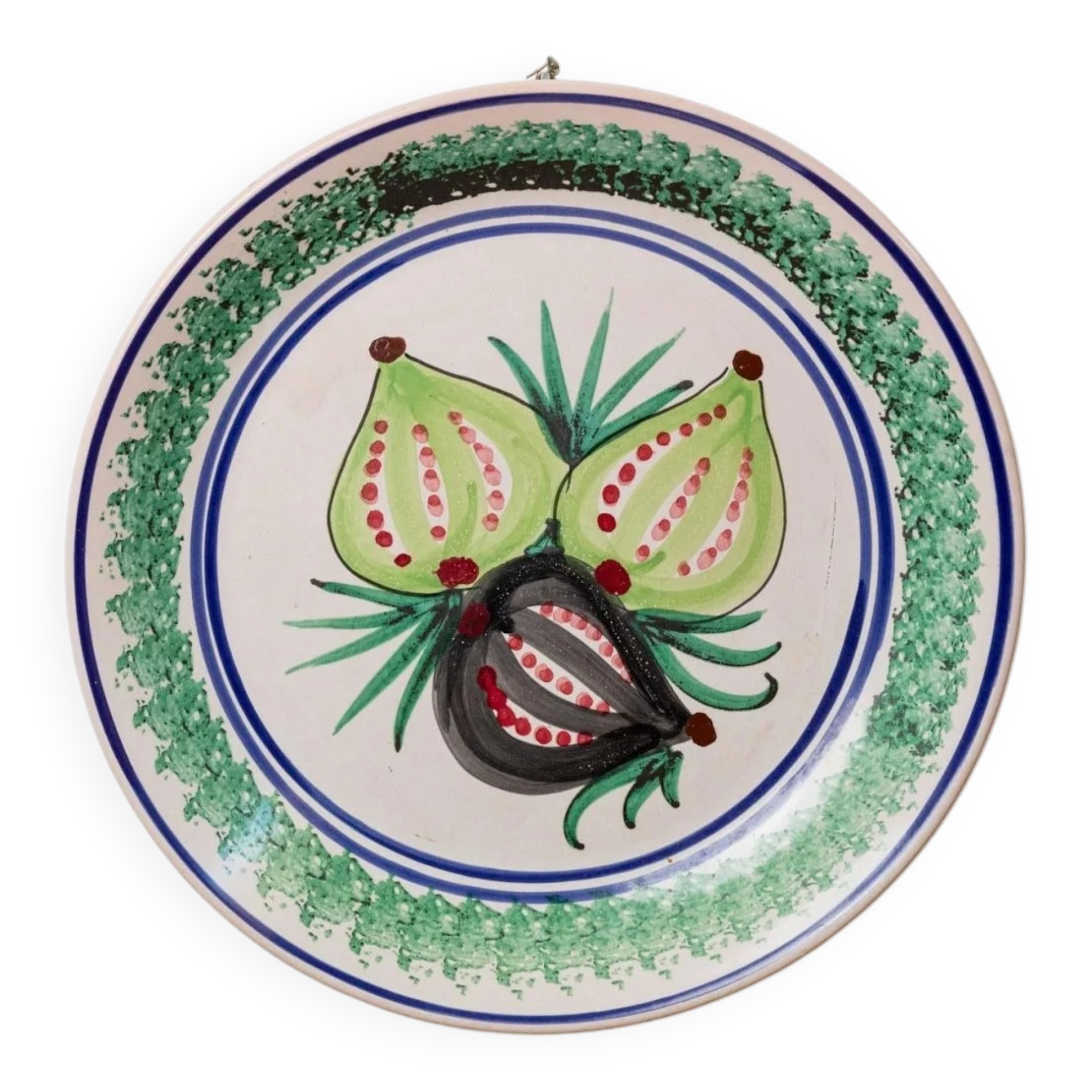 XXL vintage wall or collector's plate in ceramic - hand-painted fruit pattern, 3 figs - Sicily, Italy, 1960s - retro decoration, elegant gift idea