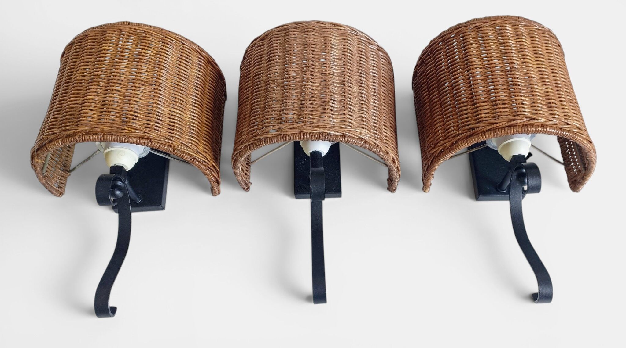 Spanish Mid-Century Wicker And Wrought Iron Wall Sconces, Three Available