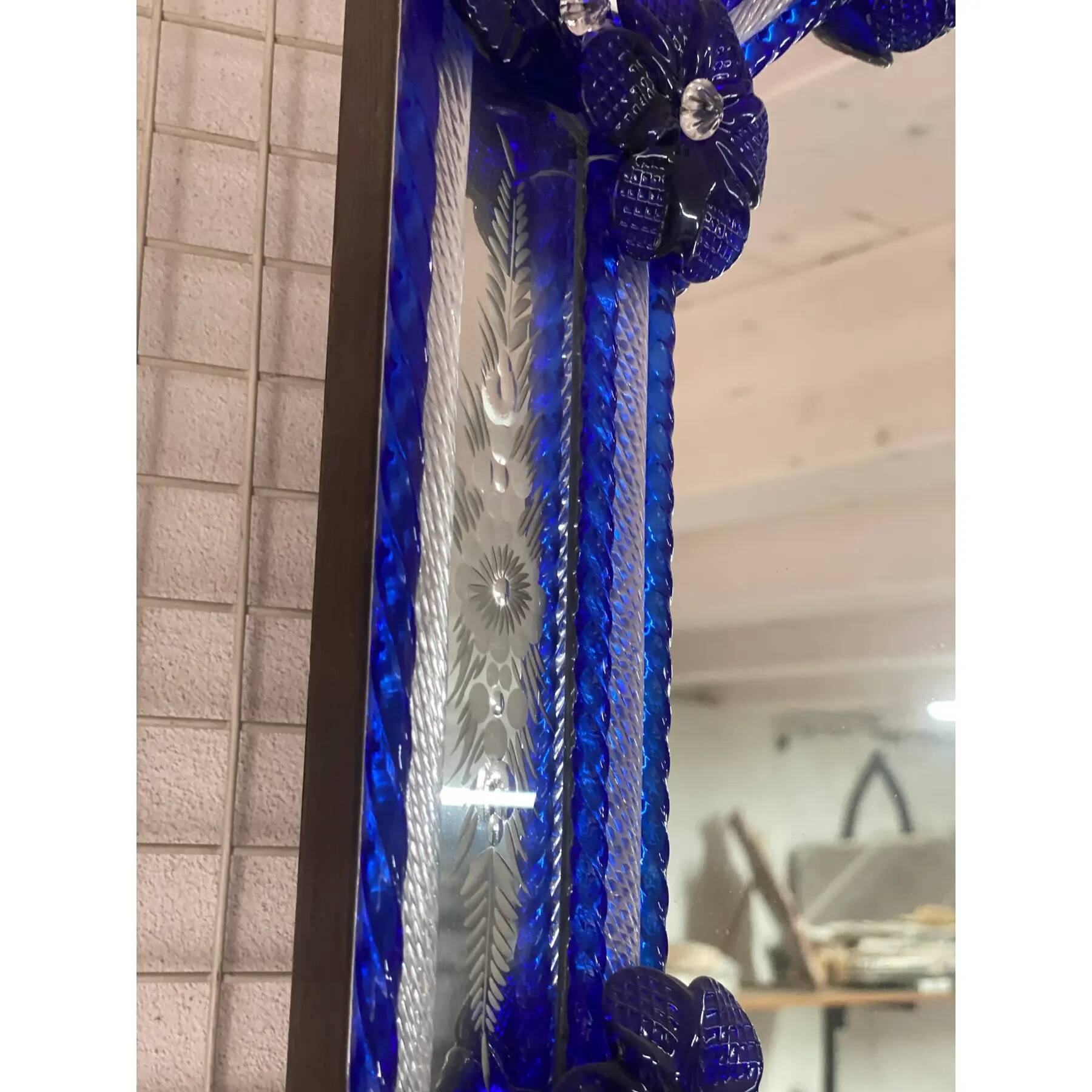 Italian Venetian Octagonal Murano Glass Wall Mirror with Blue Floral Handwork