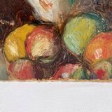 Old oil painting on cardboard bouquet of flowers and fruits