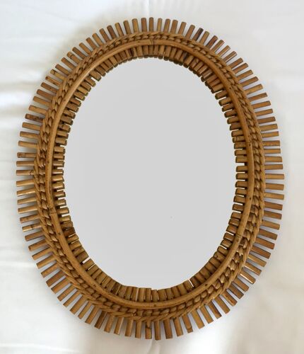 Oval rattan mirror, italy 1960 46x57cm