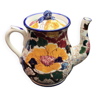 GIEN earthenware teapot, peonies decor, 1940s