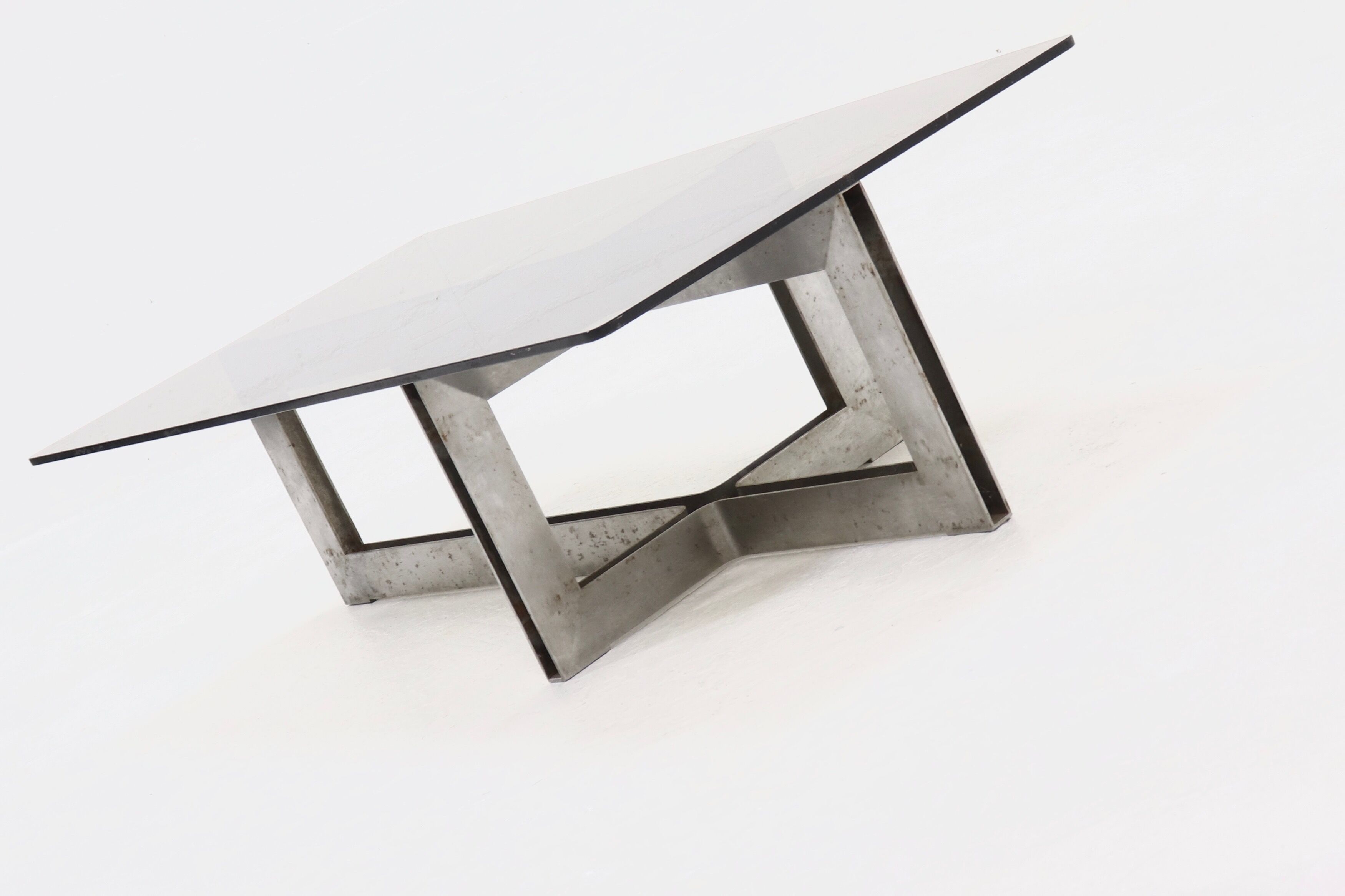 Brutalist steel and smoked glass coffee table 1970s