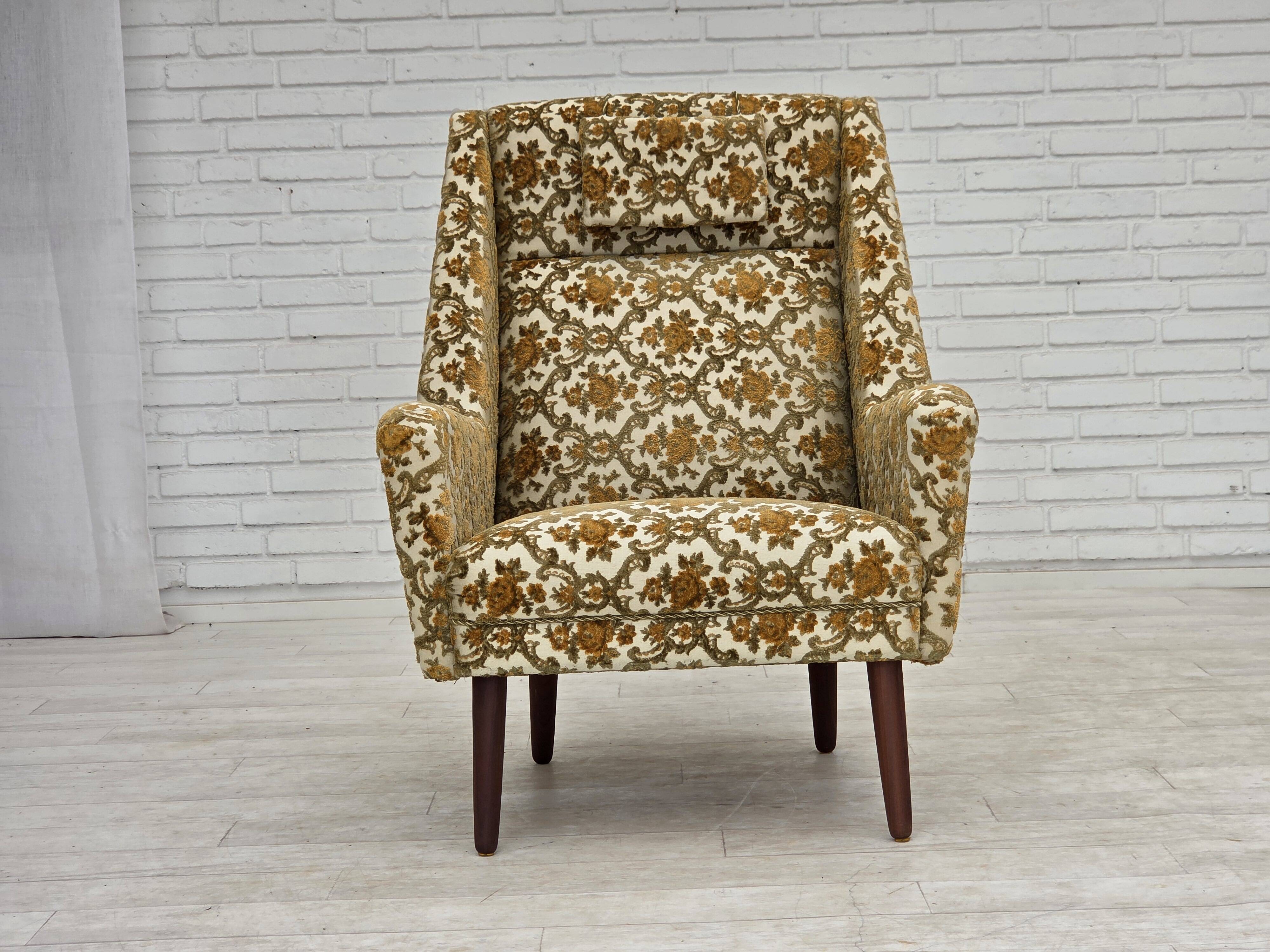 1970s, Danish highback armchair, Brown/beige furniture fabric, teak wood.