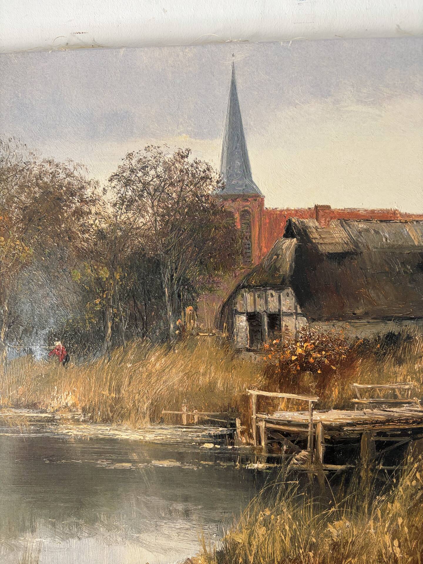 Village by the water, oil on paper signed