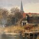 Village by the water, oil on paper signed