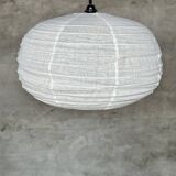 Medium pendant light in rattan and natural linen, Japanese-style, flattened round (Labu) H35 D60