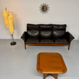 Vintage black leather Dreipunkt Scala design 3-seater sofa in teak.
