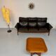 Vintage black leather Dreipunkt Scala design 3-seater sofa in teak.