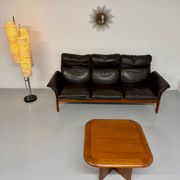 Vintage black leather Dreipunkt Scala design 3-seater sofa in teak.