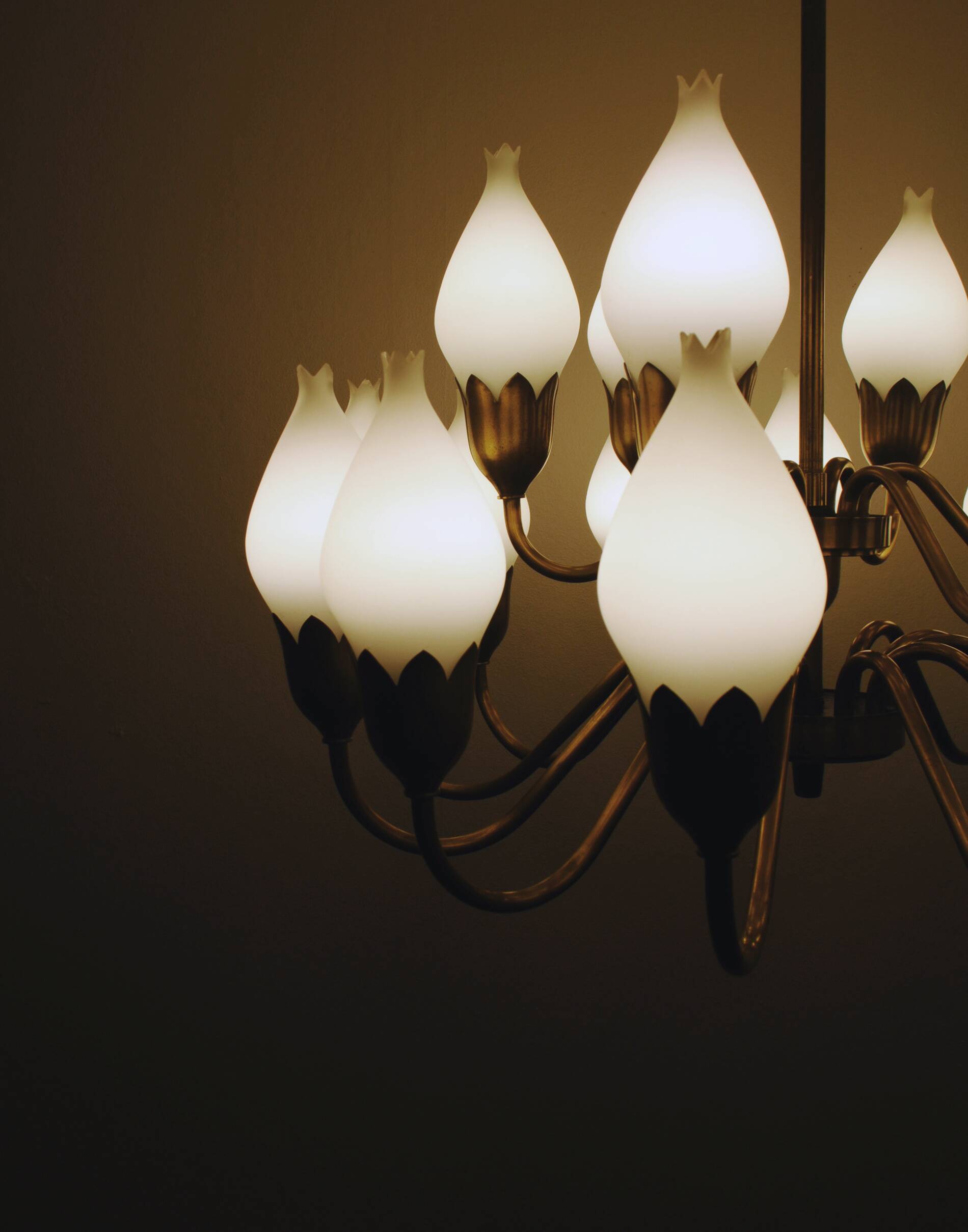 Fog & Mørup 18-Arm Brass and Opaline Glass Tulip Chandelier
