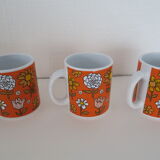 3 Mugs thick porcelain handle 1970 orange flowers Waechtersbach Germany
