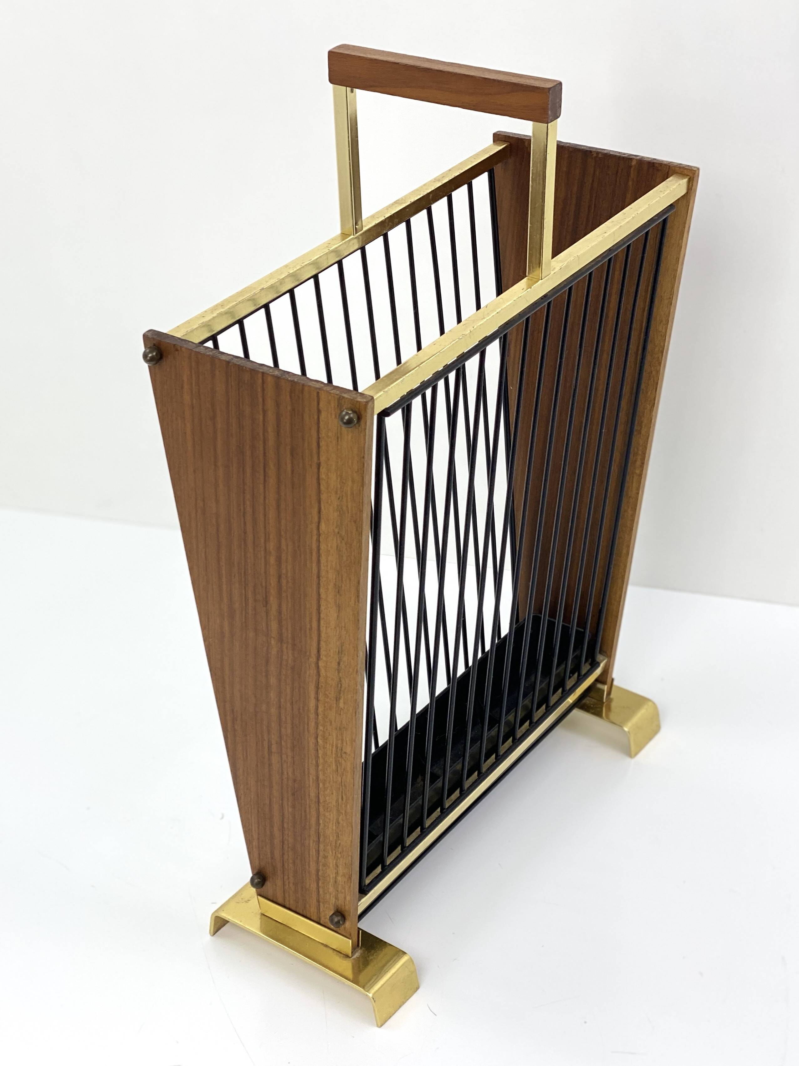 Vintage wooden umbrella stand, brass, 1960s design