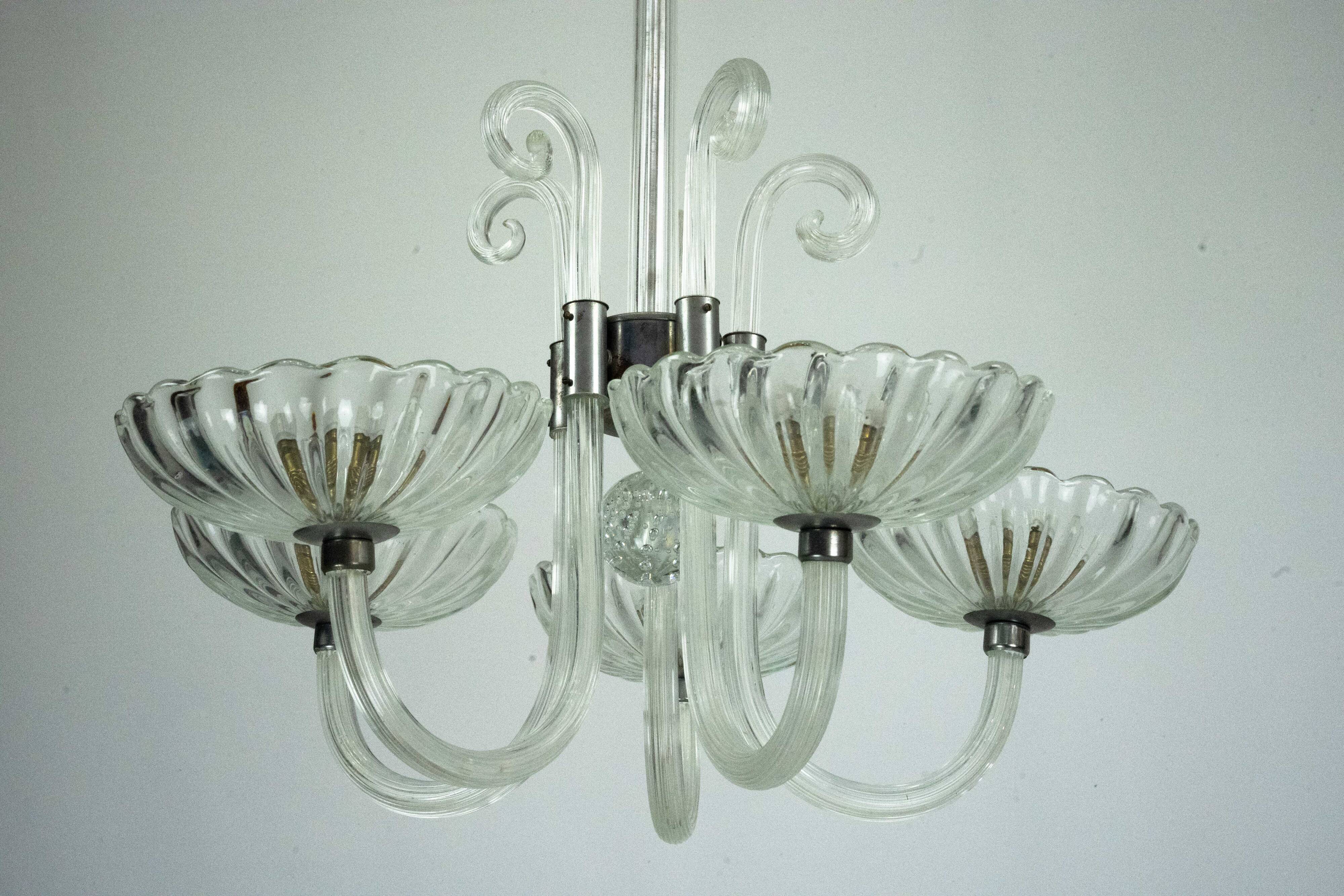 Rare Art Deco Italian Five-Arm Murano Glass Chandelier attributed to Seguso