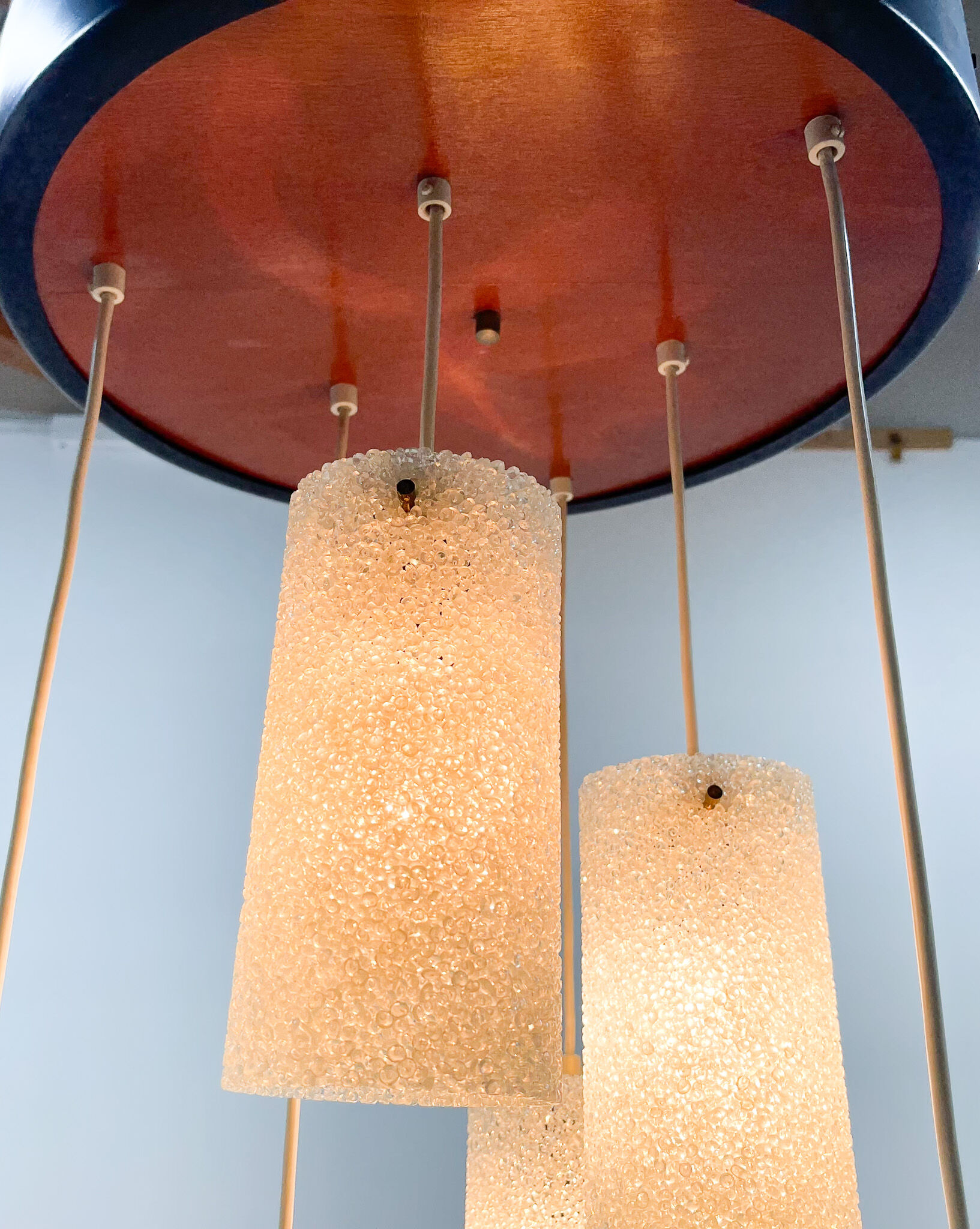Mid-century cascade wood & crushed plastic pendant light, 1970's