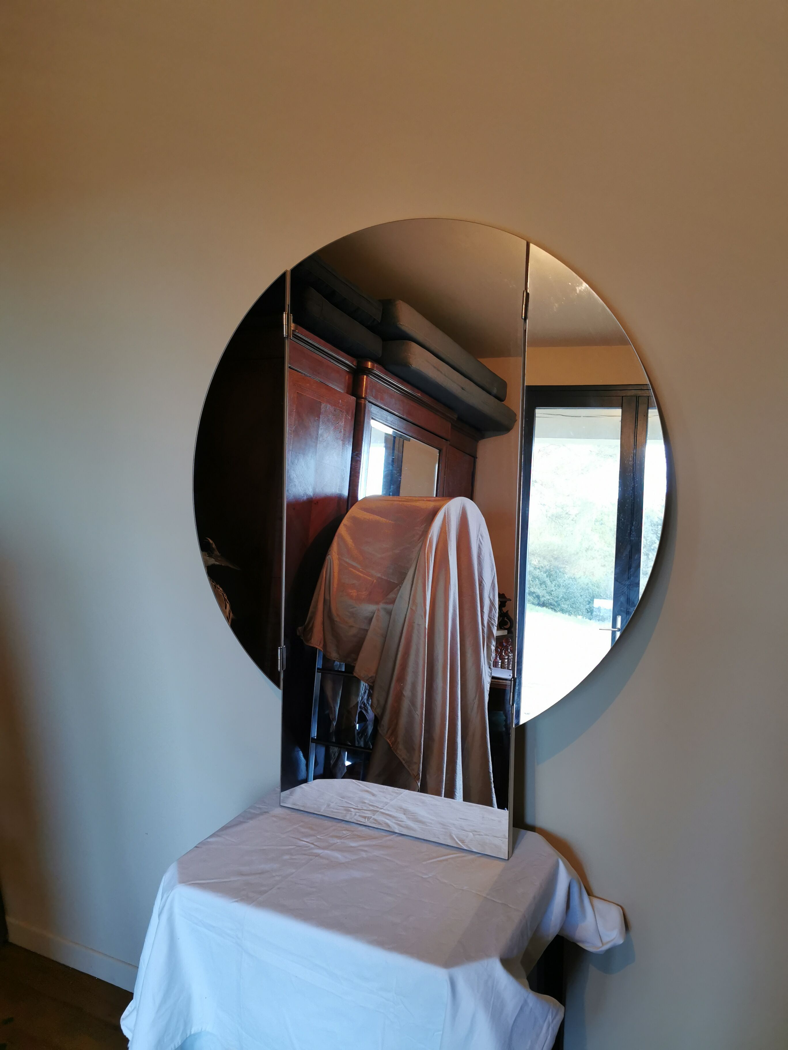 Large vintage mirror round triptych 110x47cm