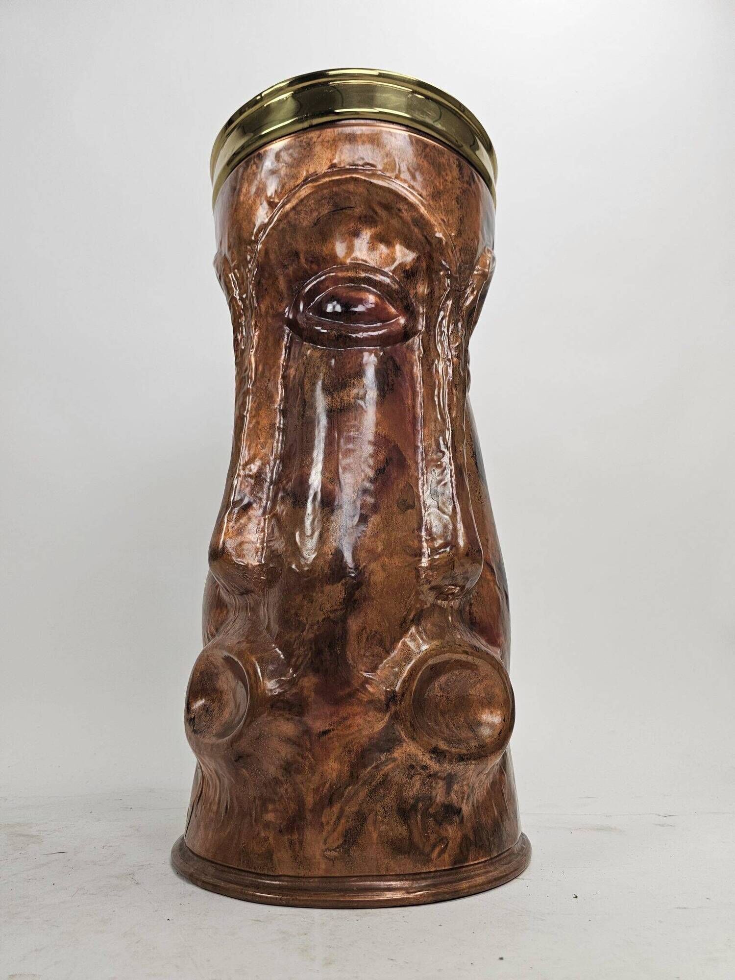 Sculptural copper umbrella stand with tribal faces, 1970s