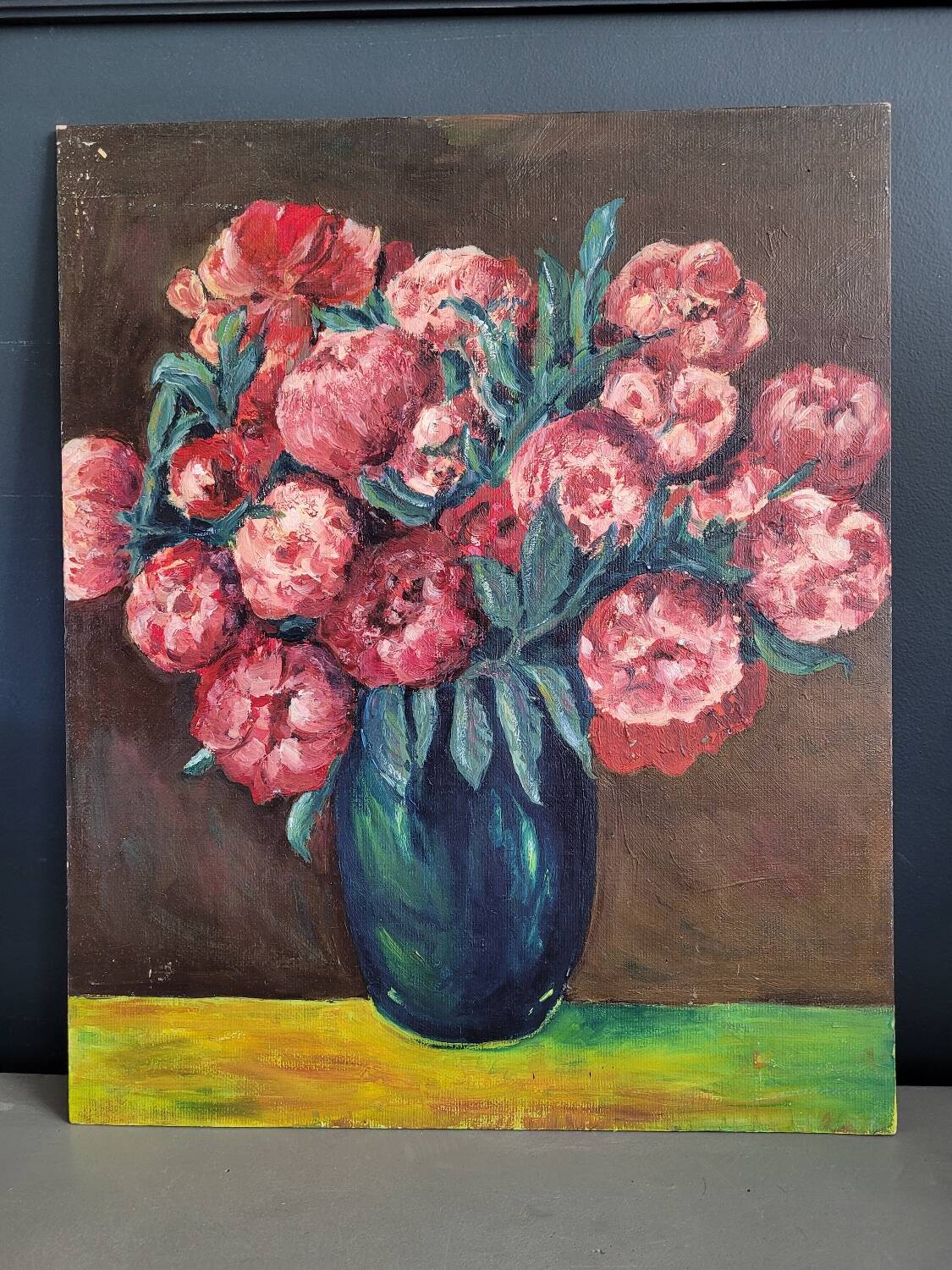 Oil painting on cardboard - bouquet of peonies