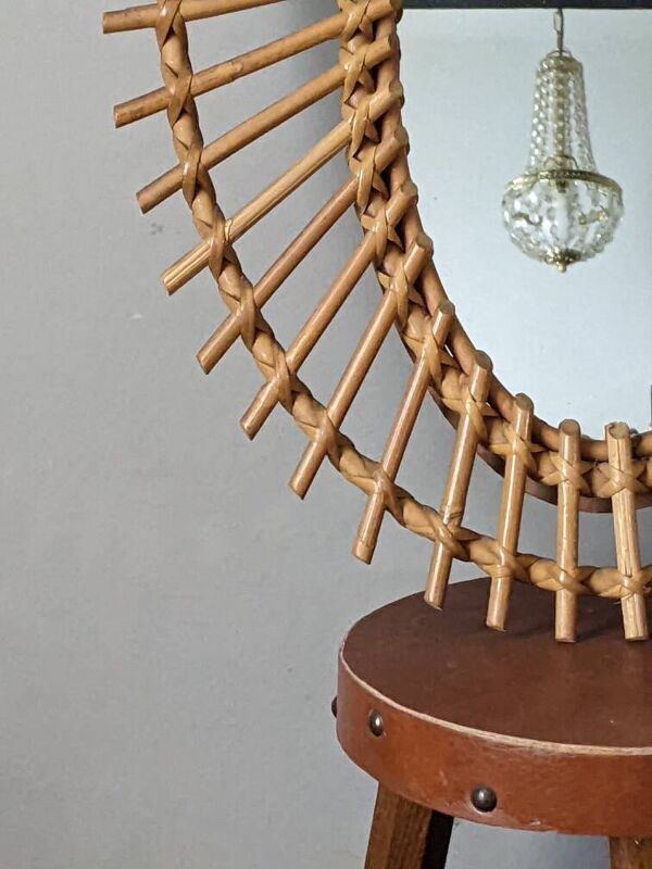 Miroir soleil asymétrique vintage rotin osier bambou artisanal scandinave
