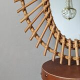 Asymmetrical vintage rattan wicker bamboo sun mirror Scandinavian craftsmanship