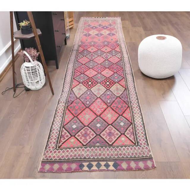 1970s vintage Turkish hand-knotted wool cotton pink runner rug 87x395