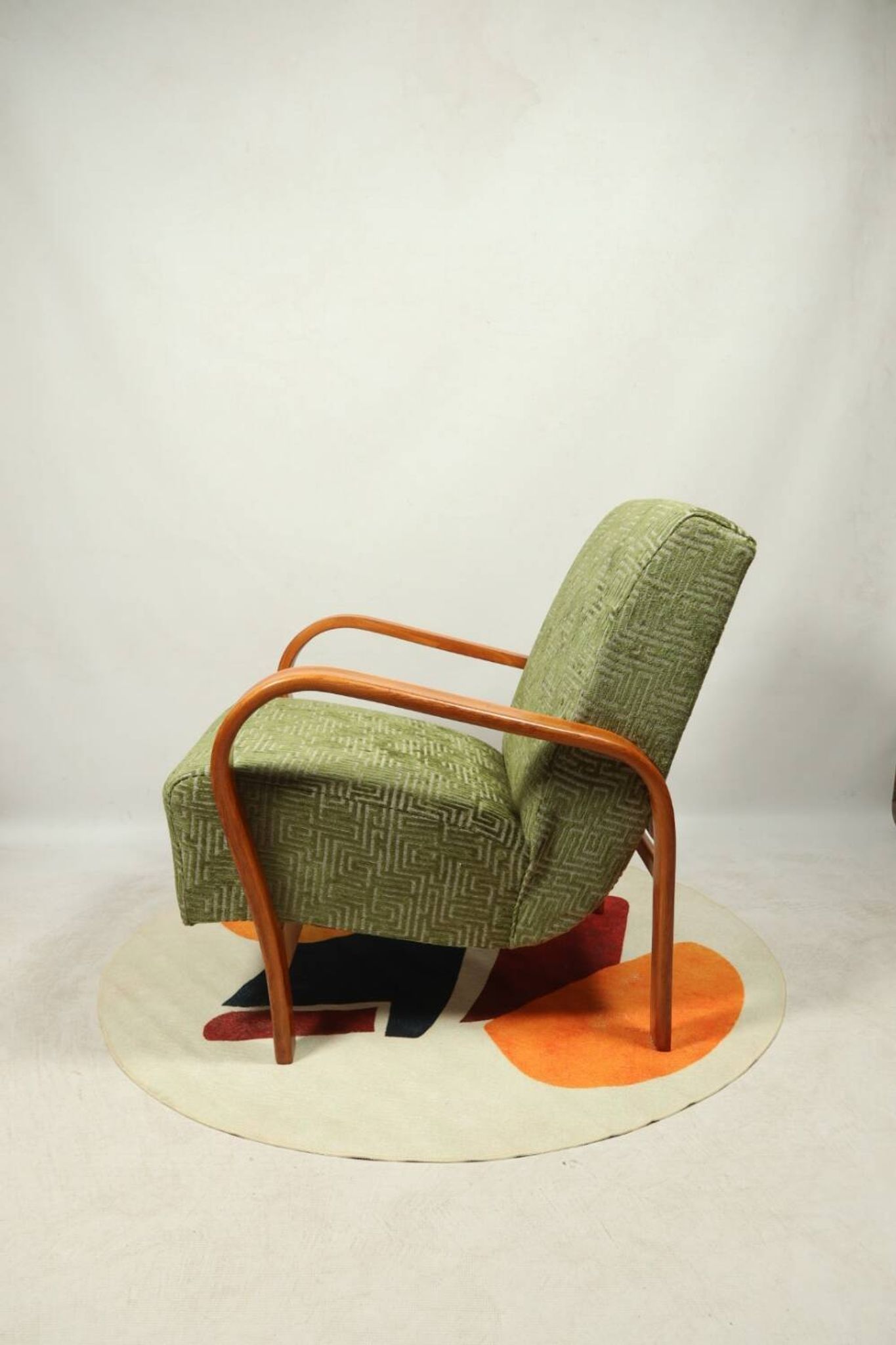 Art Deco armchair in green geometric jacquard by Kropacek Kozelek 1950