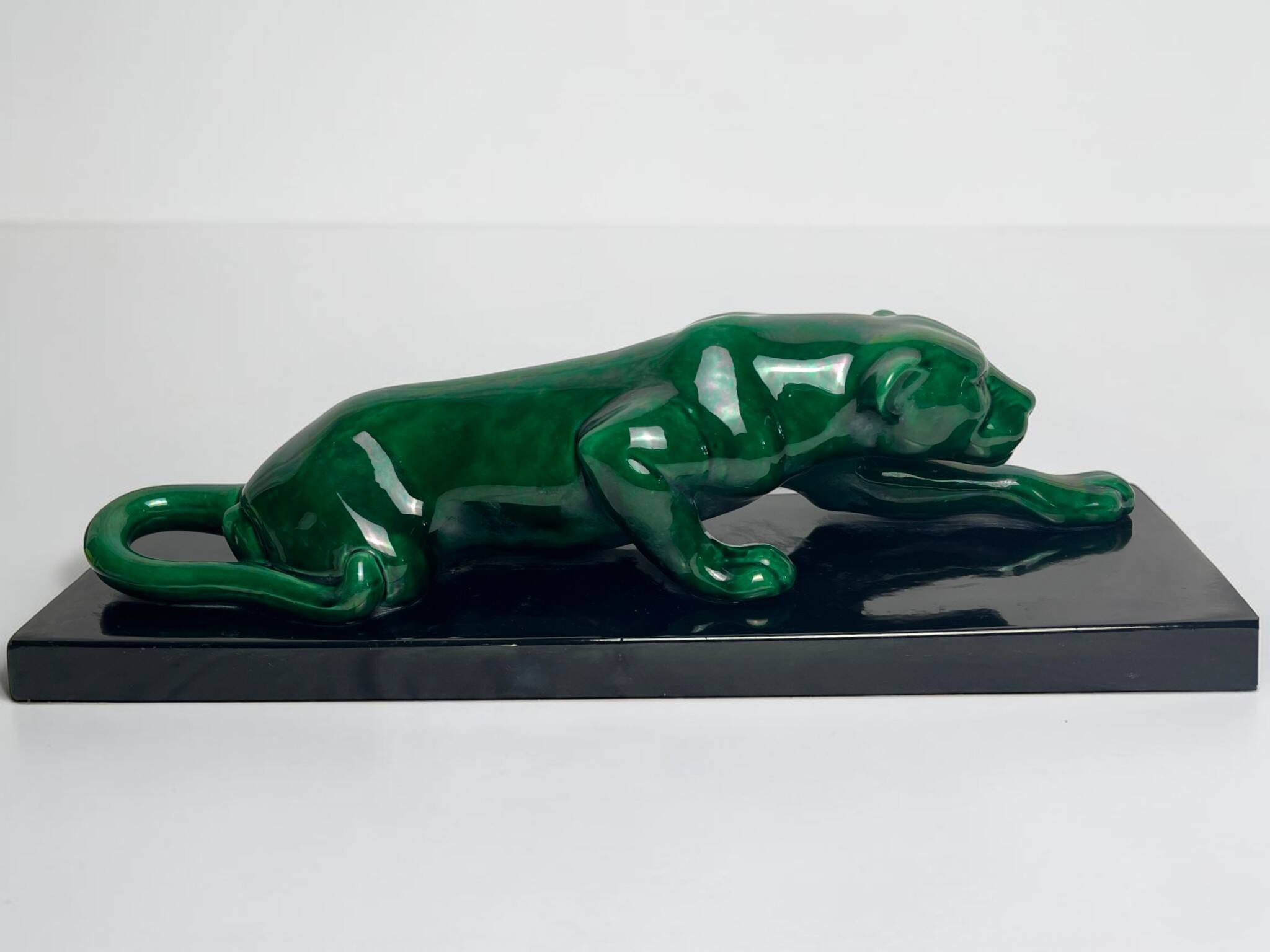 Art Deco, green ceramic panther sculpture circa 1930.
