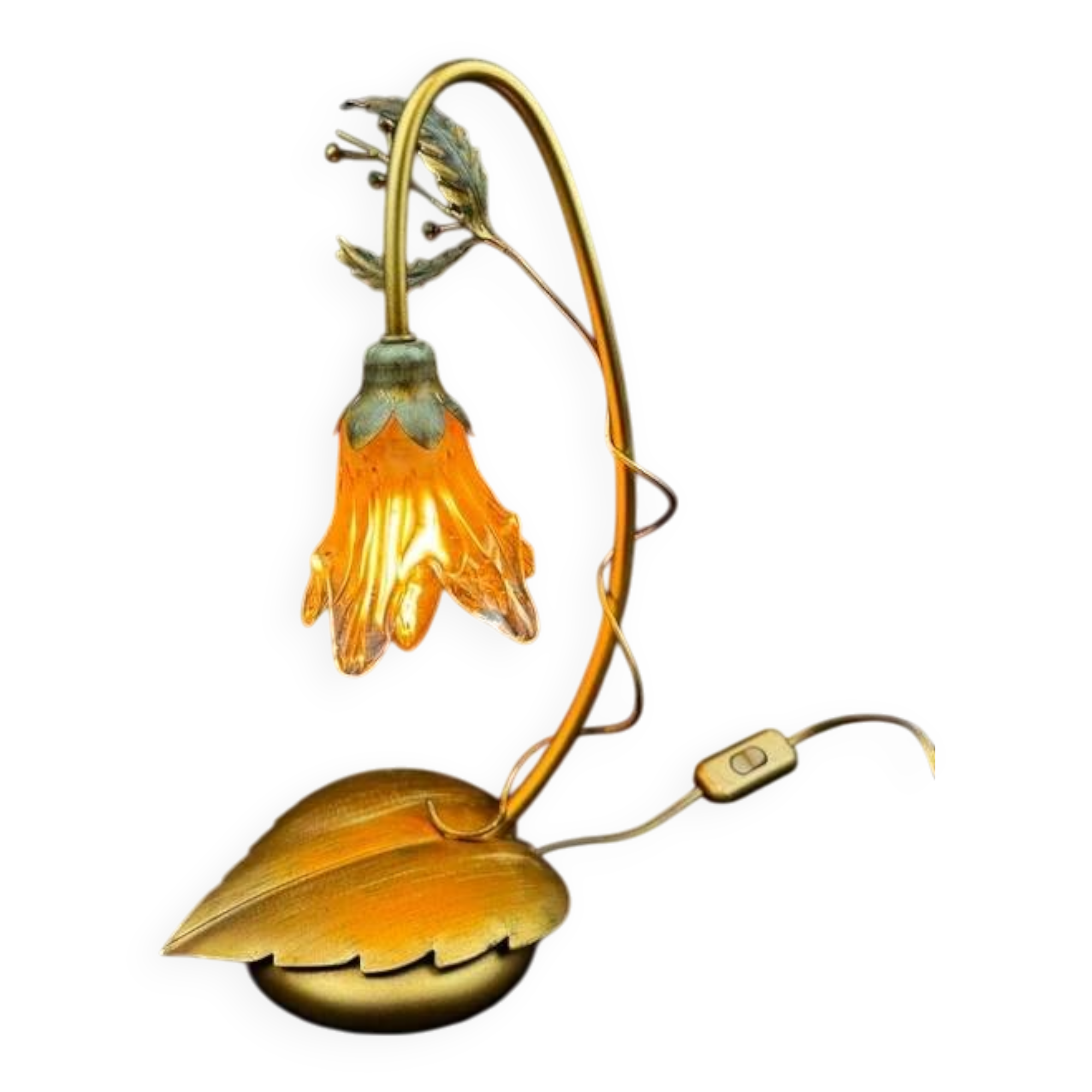 Masca Italy floral lamp, gold metal and blown glass