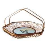 Rattan basket/tray/coin tray with a collection butterfly.