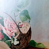 Old table flowers – oil on canvas – roses in a basket – the bucolic invitation