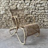 Ensemble table basse et fauteuils en roseau - années 50